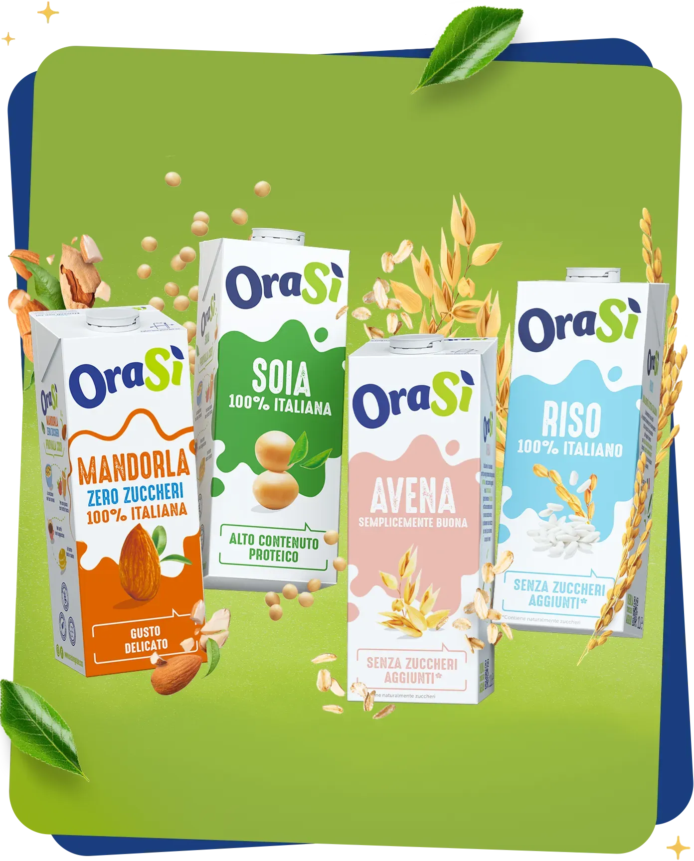 OraSì plant-based drink cartons (Almond, Soy, Oat, and Rice) floating with their natural ingredients against a green background.